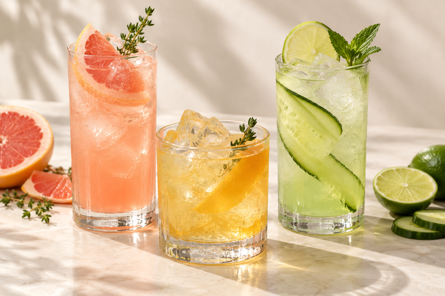 Three citrus and cucumber cocktails in elegant glasses with fresh garnishes